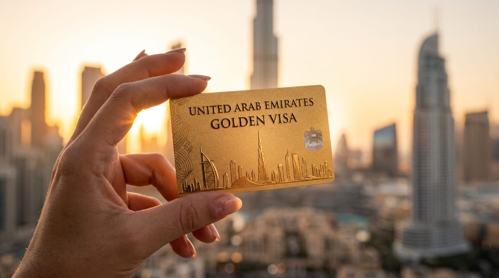 A UAE Golden Visa card over the Dubai skyline